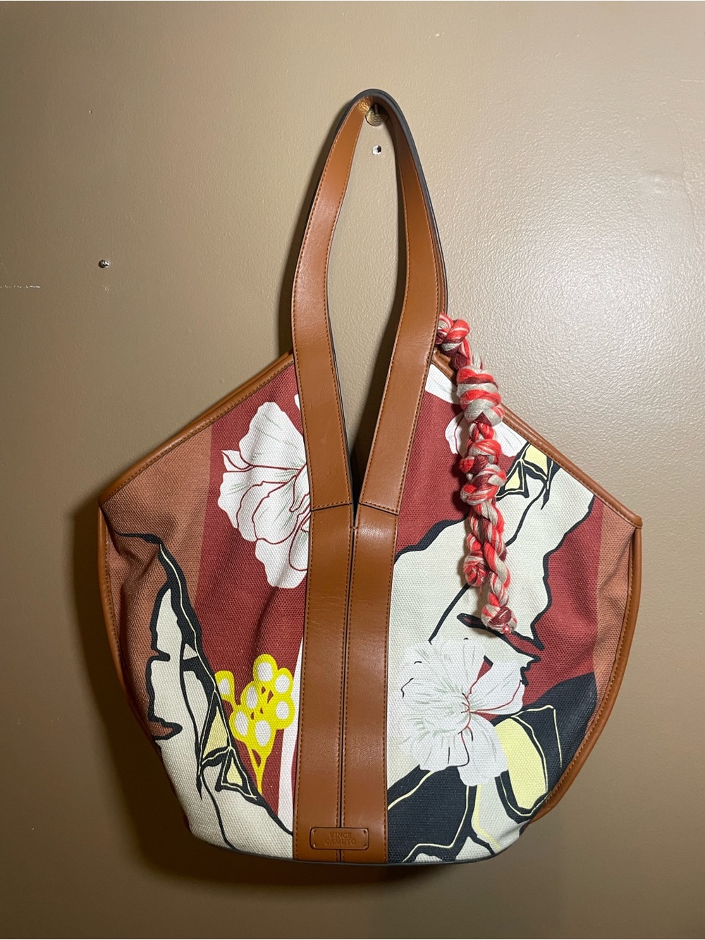 Vince Camuto Floral Canvas Tote Bag with Brown Leather Trim